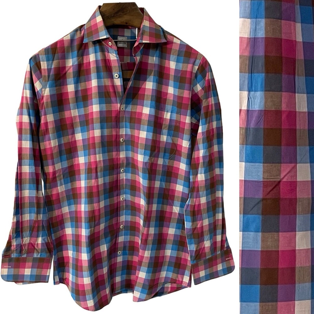 Peter Millar Men's Blue Pink Buffalo‎ Check Button Up Longsleeve Preppy Golf M
